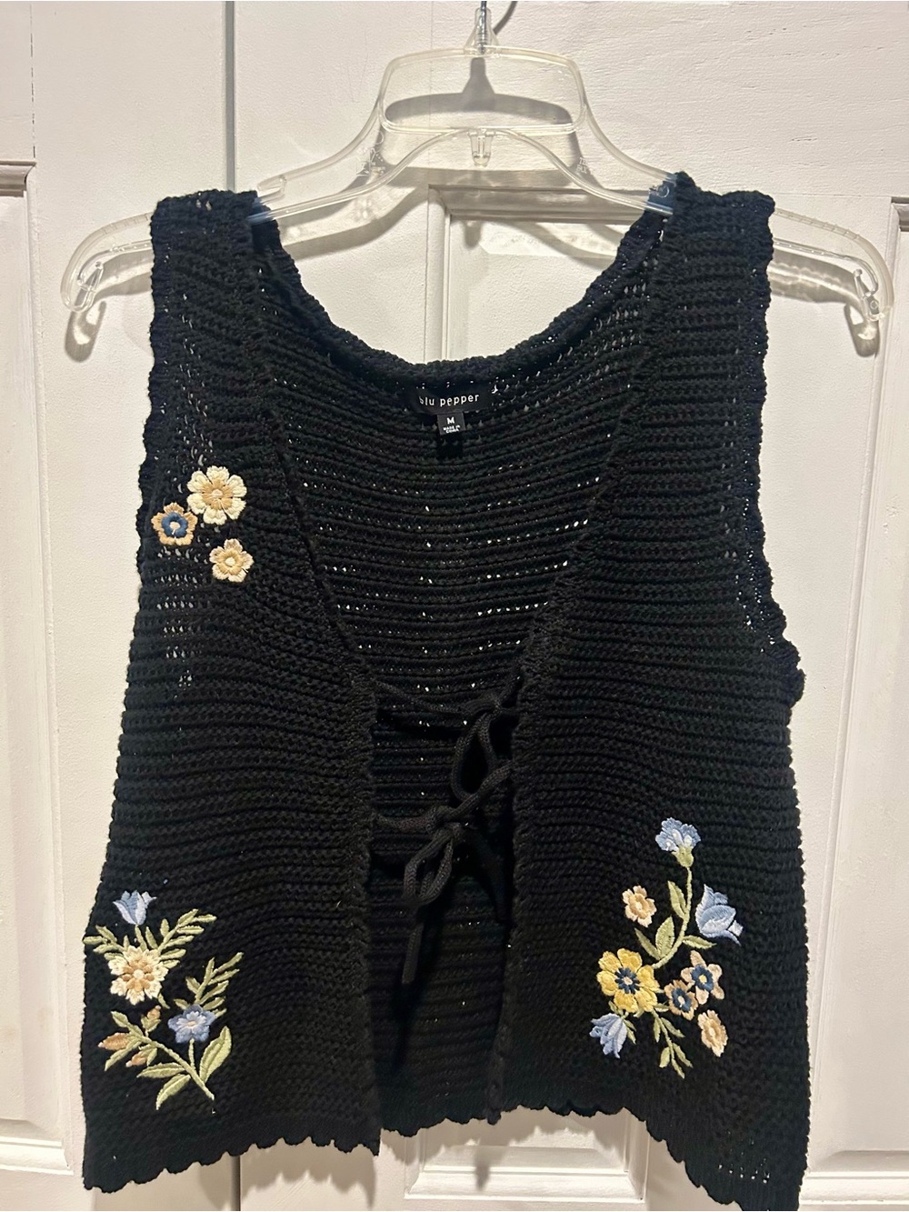 Blu Pepper Black Crochet Lace-Up Tank with Blue & Yellow Floral Embroidery